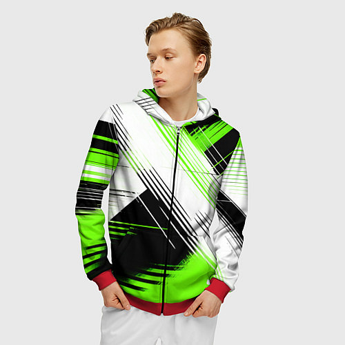 Мужская толстовка на молнии Диагональные бело-зелёные линии на чёрном фоне / 3D-Красный – фото 3