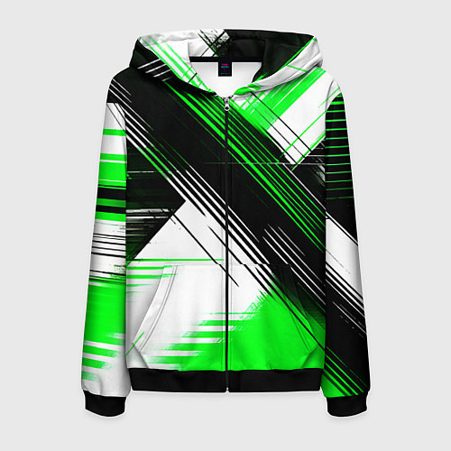 Мужская толстовка на молнии Диагональные зелёно-чёрные линии на белом фоне / 3D-Черный – фото 1
