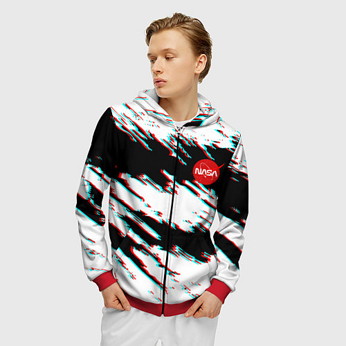 Мужская толстовка на молнии Nasa glitch color / 3D-Красный – фото 3