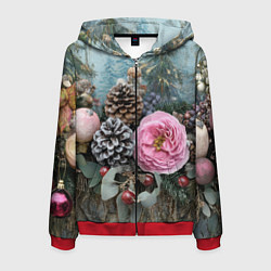 Толстовка 3D на молнии мужская Новогодние цветы и шишки, цвет: 3D-красный