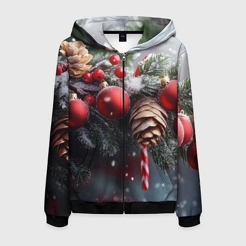 Мужская толстовка на молнии Новогодние украшения на ветках / 3D-Черный – фото 1