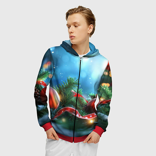 Мужская толстовка на молнии Красные игрушки новогодние / 3D-Красный – фото 3