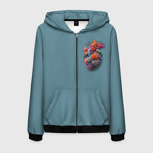Мужская толстовка на молнии Яркое сердце из кораллов в морском стиле / 3D-Черный – фото 1