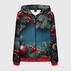 Толстовка 3D на молнии мужская Новогодний фон и рябина, цвет: 3D-красный