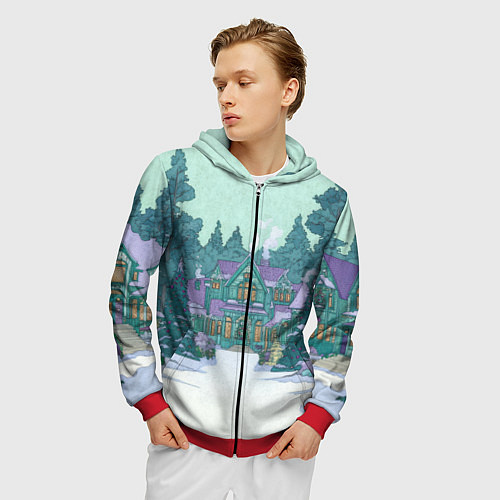 Мужская толстовка на молнии Новый год - двор / 3D-Красный – фото 3