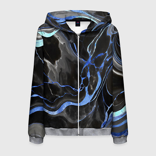 Мужская толстовка на молнии Синие флюиды на чёрном фоне / 3D-Меланж – фото 1