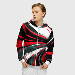 Толстовка 3D на молнии мужская Волнистые чёрно-красные линии на белом фоне, цвет: 3D-белый — фото 2