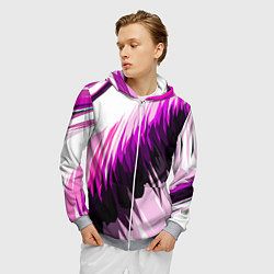 Толстовка 3D на молнии мужская Чёрно-розовые острые полосы на белом фоне, цвет: 3D-меланж — фото 2