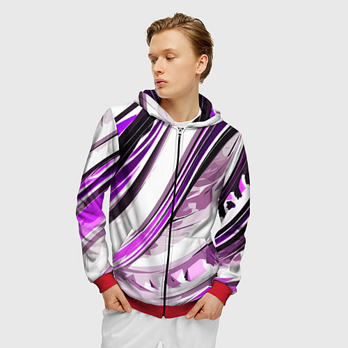 Мужская толстовка на молнии Волнистая бело-фиолетовая абстракция / 3D-Красный – фото 3