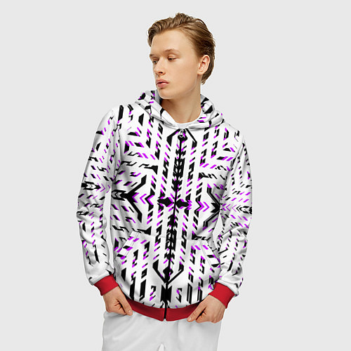 Мужская толстовка на молнии Чёрно-фиолетовые диагональные полосы на белом фоне / 3D-Красный – фото 3