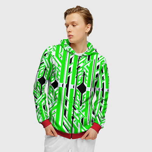 Мужская толстовка на молнии Бело-зелёные техно полосы на чёрном фоне / 3D-Красный – фото 3
