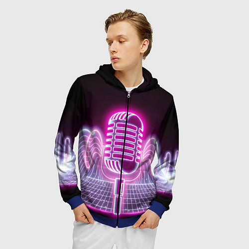Мужская толстовка на молнии Розовый неоновый микрофон / 3D-Синий – фото 3
