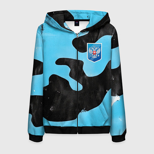 Мужская толстовка на молнии Черно-зеленый камуфляж и герб РФ / 3D-Черный – фото 1