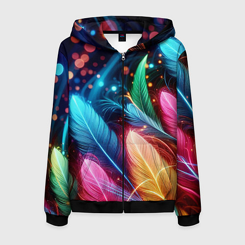 Мужская толстовка на молнии Яркие красочные неоновые перья / 3D-Черный – фото 1