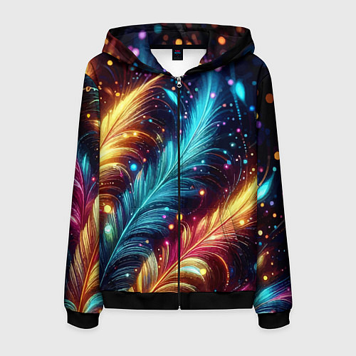 Мужская толстовка на молнии Неоновые разноцветные перья / 3D-Черный – фото 1
