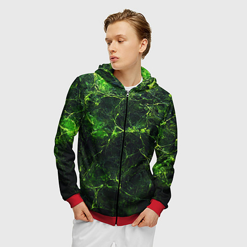 Мужская толстовка на молнии Зеленая ядовитая текстура / 3D-Красный – фото 3