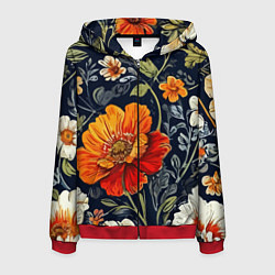 Толстовка 3D на молнии мужская Маки и пионы старинный паттерн, цвет: 3D-красный
