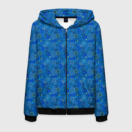 Мужская толстовка на молнии Этнический синий деревенский абстрактный узор / 3D-Черный – фото 1