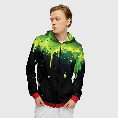 Мужская толстовка на молнии Зеленая стекающая краска по черному фону / 3D-Красный – фото 3