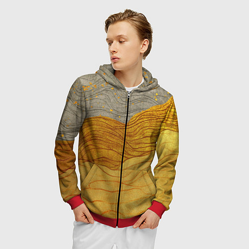 Мужская толстовка на молнии Золотые волны на сером текстура / 3D-Красный – фото 3