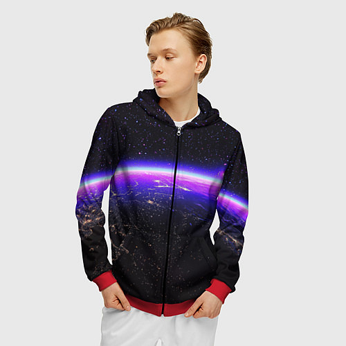 Мужская толстовка на молнии Планета и неоновое свечение / 3D-Красный – фото 3