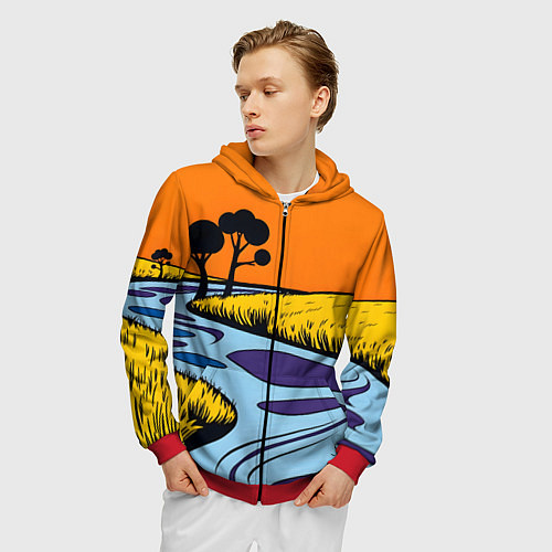 Мужская толстовка на молнии Пейзаж с фантастической природой / 3D-Красный – фото 3