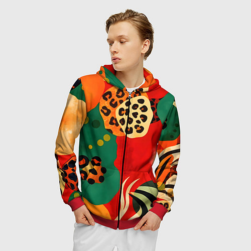 Мужская толстовка на молнии Анималистичный африканский паттерн / 3D-Красный – фото 3