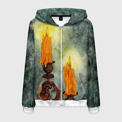 Толстовка 3D на молнии мужская Две горящие свечи в темноте, цвет: 3D-белый