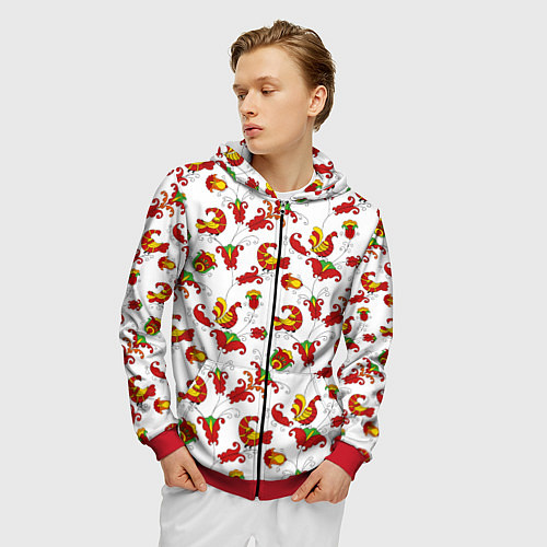 Мужская толстовка на молнии Русский народный орнамент в стиле росписей Северно / 3D-Красный – фото 3