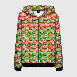 Мужская толстовка на молнии Белые ромашки на красно зеленом клетчатом фоне