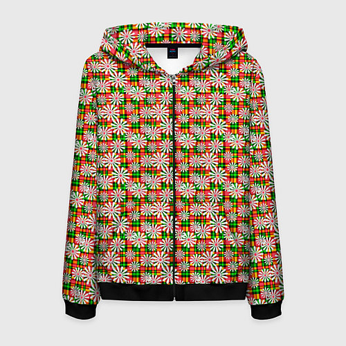 Мужская толстовка на молнии Белые ромашки на красно зеленом клетчатом фоне / 3D-Черный – фото 1