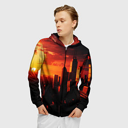 Толстовка 3D на молнии мужская Стилизованный город оранжевый закат, цвет: 3D-черный — фото 2
