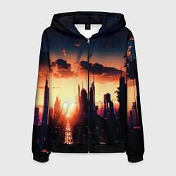 Толстовка 3D на молнии мужская Пейзаж город будущего закат, цвет: 3D-черный