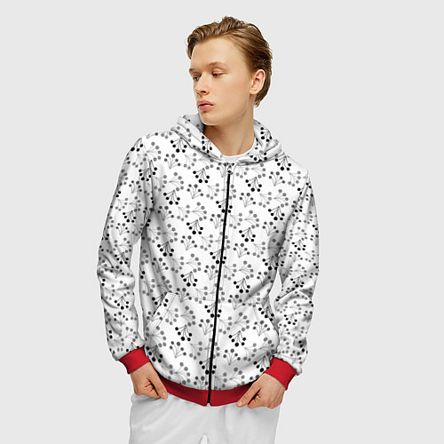 Мужская толстовка на молнии Черно белый ягодный узор ретро / 3D-Красный – фото 3