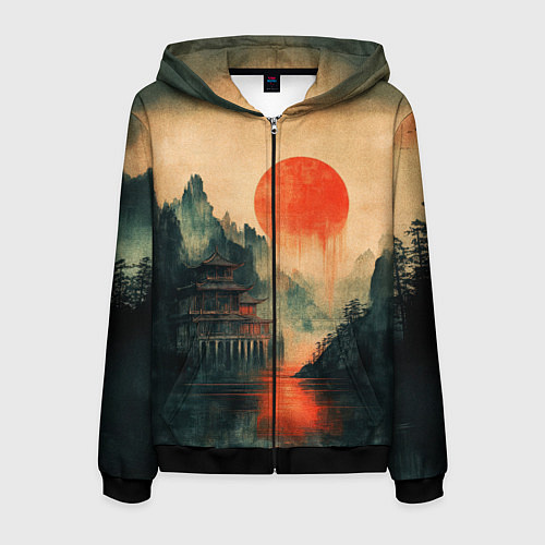 Мужская толстовка на молнии Старый Японский монастырь / 3D-Черный – фото 1