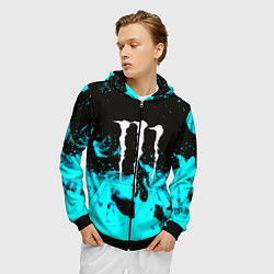Толстовка 3D на молнии мужская Monster energy голубой огонь, цвет: 3D-черный — фото 2