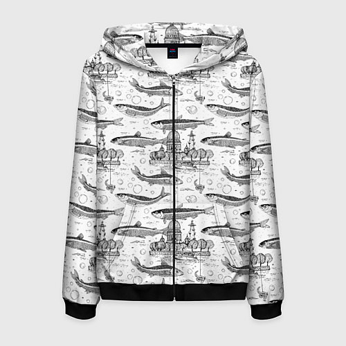 Мужская толстовка на молнии Корюшка и рыбалка в Питере паттерн / 3D-Черный – фото 1