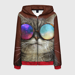 Толстовка 3D на молнии мужская A Cat with multicolored glasses, цвет: 3D-красный