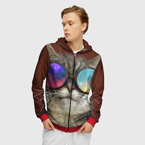 Мужская толстовка на молнии A Cat with multicolored glasses / 3D-Красный – фото 3
