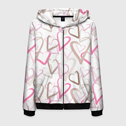 Толстовка 3D на молнии мужская Розовые сердца, цвет: 3D-черный