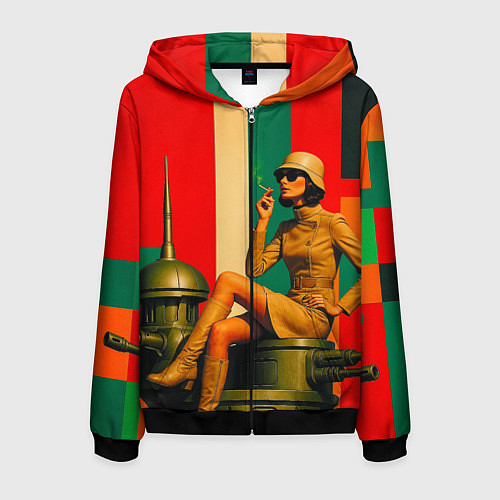 Мужская толстовка на молнии Милитари девушка на оружейной башне ретрофутуризм / 3D-Черный – фото 1