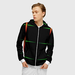 Толстовка 3D на молнии мужская Color black green orange stripes, цвет: 3D-белый — фото 2