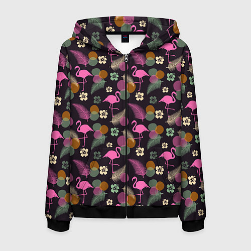 Мужская толстовка на молнии Фламинго и листья на темно-синем / 3D-Черный – фото 1