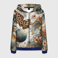 Толстовка 3D на молнии мужская Мрамор с цветами и леопардовый узор, цвет: 3D-синий