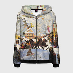 Толстовка 3D на молнии мужская Русская тройка зимой - картина Масленица Кустодиев, цвет: 3D-черный