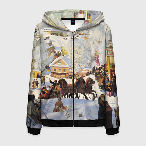 Мужская толстовка на молнии Русская тройка зимой - картина Масленица Кустодиев / 3D-Черный – фото 1