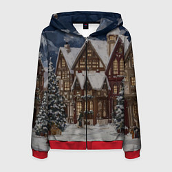 Толстовка 3D на молнии мужская Новогодние дома, цвет: 3D-красный