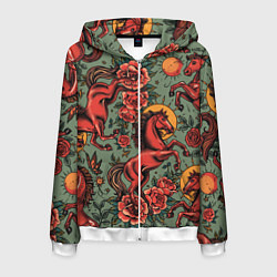 Толстовка 3D на молнии мужская Красный конь и розы, цвет: 3D-белый