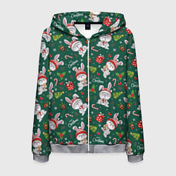 Толстовка 3D на молнии мужская Новогодние зайчики, цвет: 3D-меланж