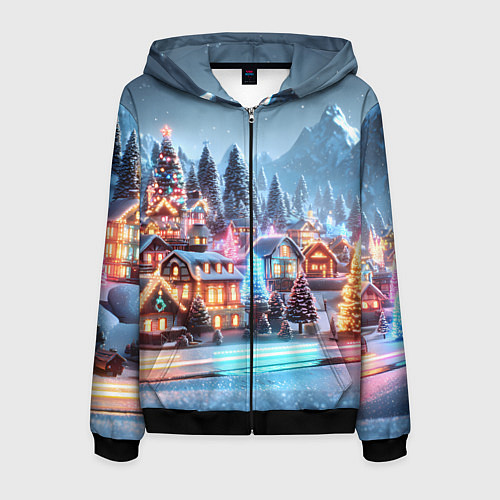 Мужская толстовка на молнии Городок в новогодних огоньках / 3D-Черный – фото 1